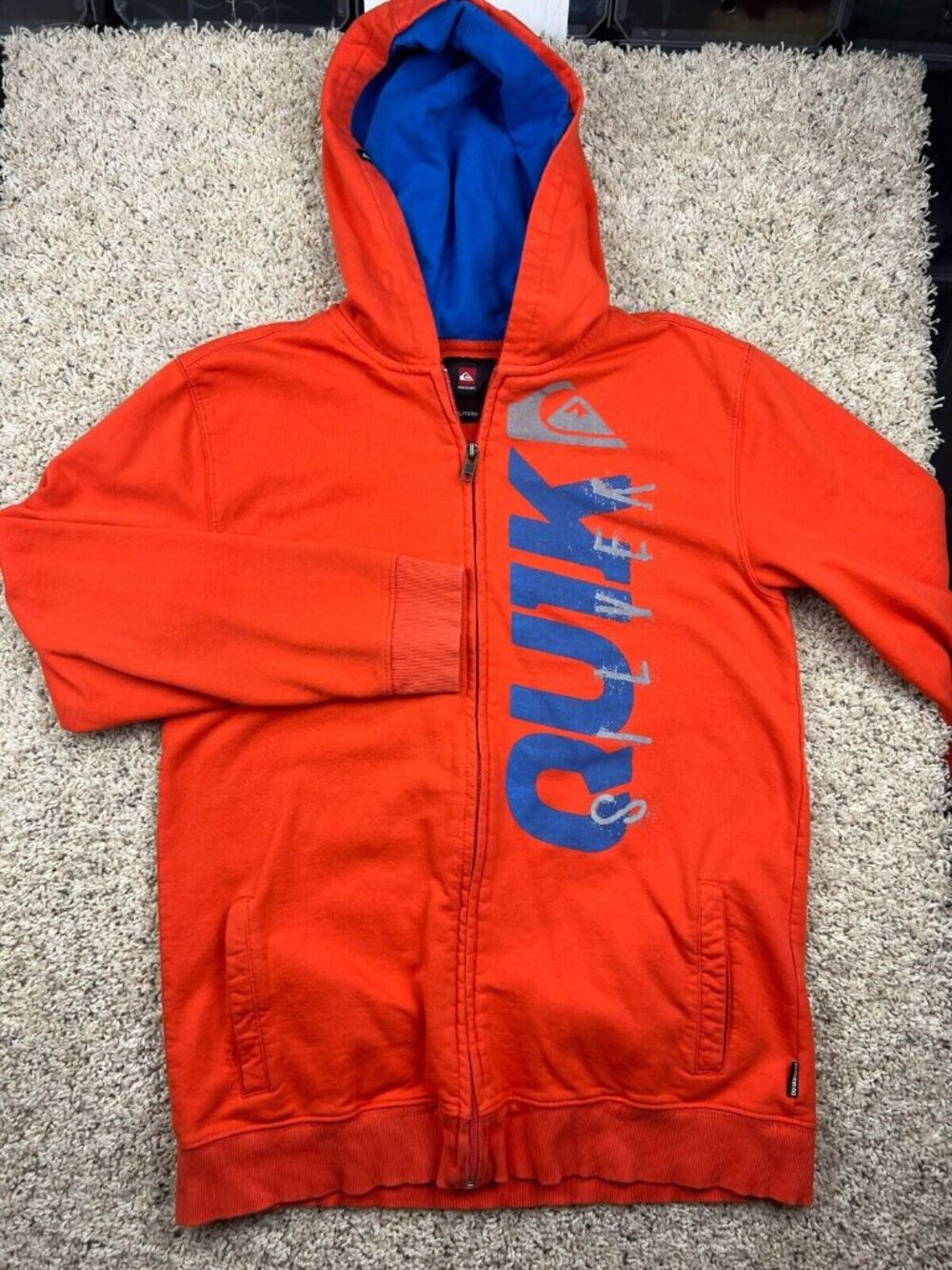Quiksilver Hoodie Sweatshirt Size XL Boys Zip Spell Out Orange Blue Youth